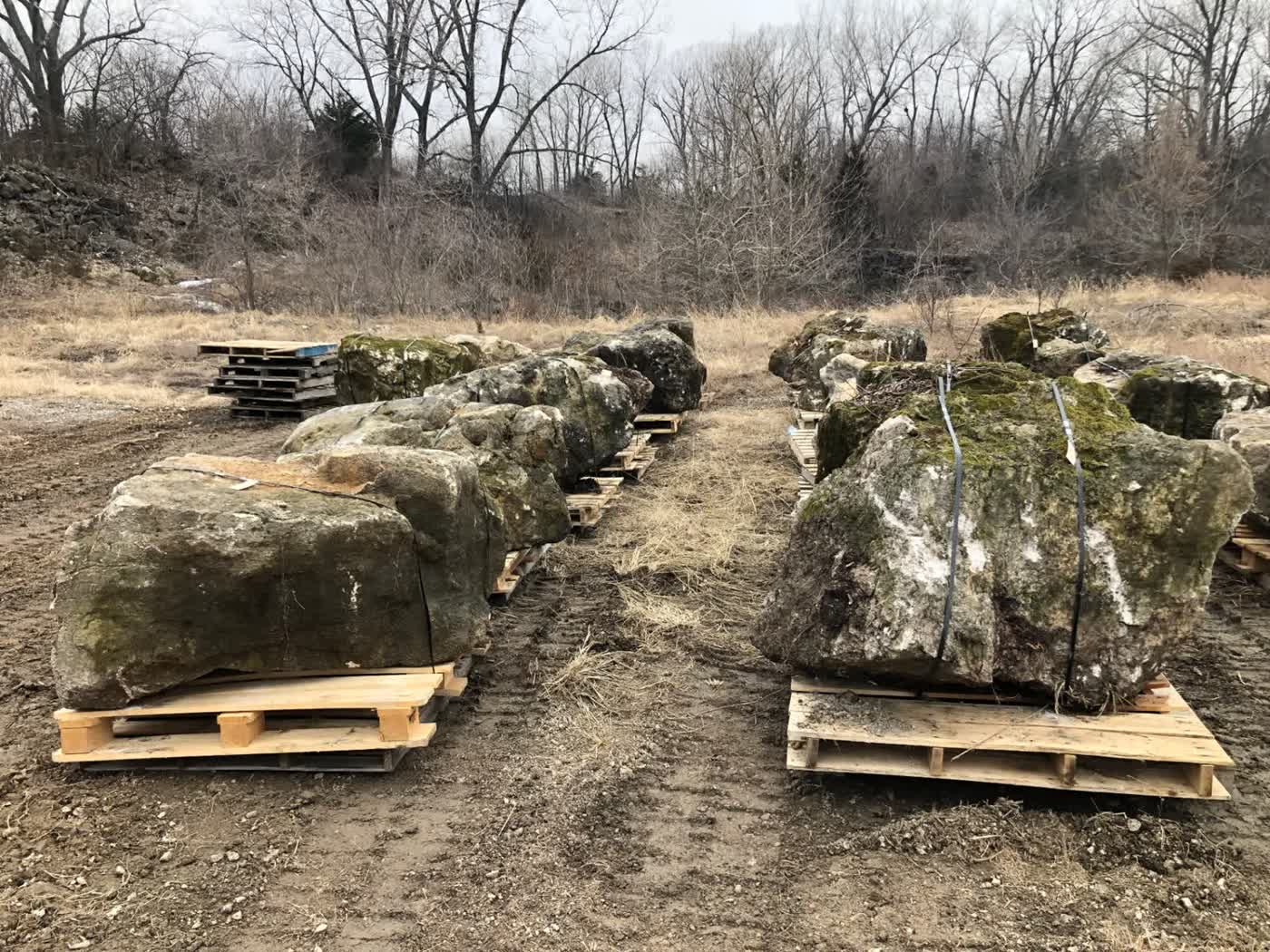 Premium mossy limestone boulders on pallets ready for delivery