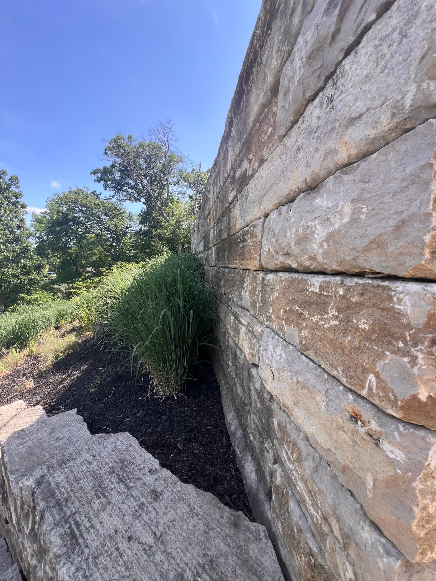 Tall natural stone wall with ornamental grasses