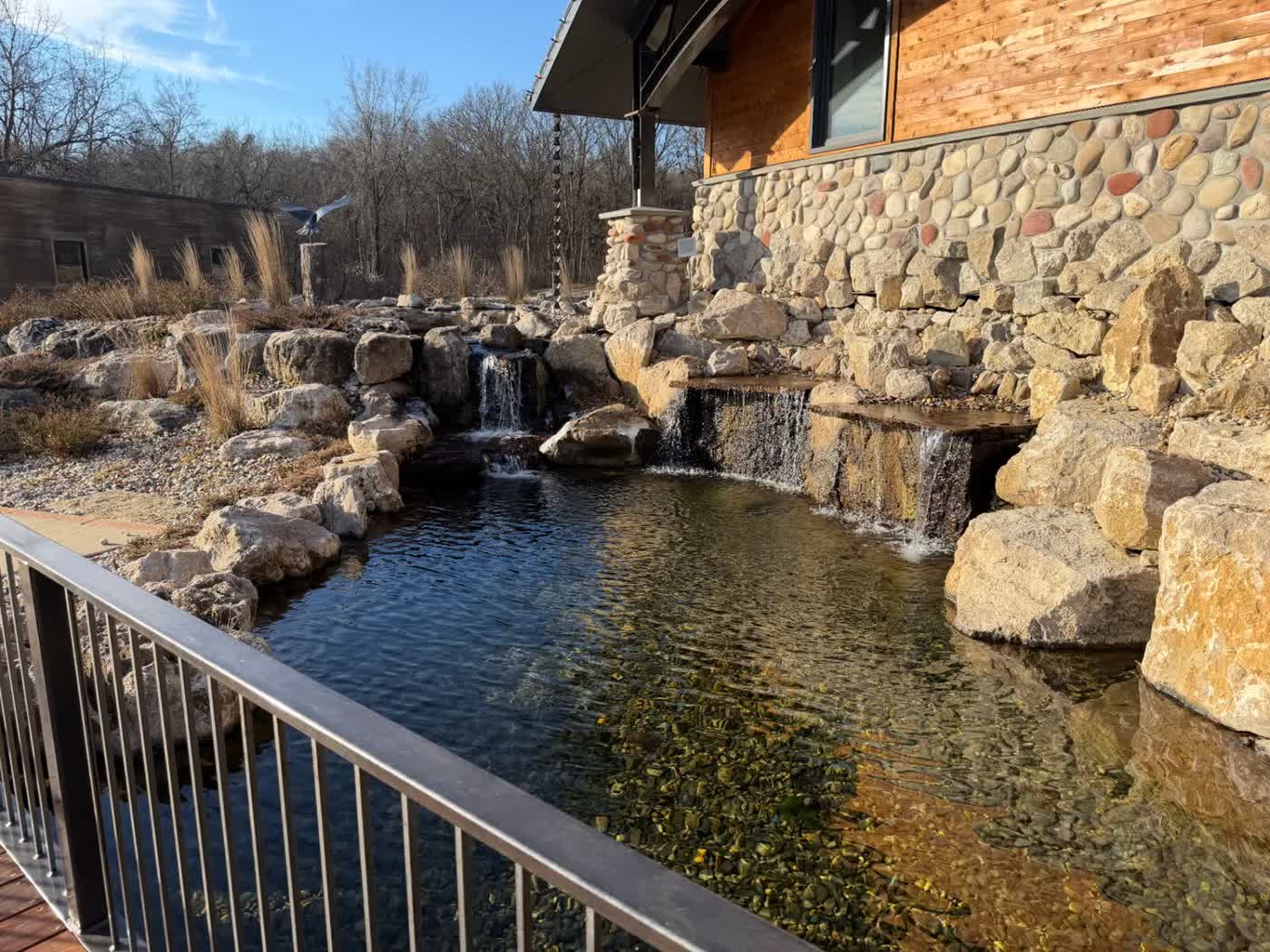 Crystal-clear natural swim pond with waterfall feature