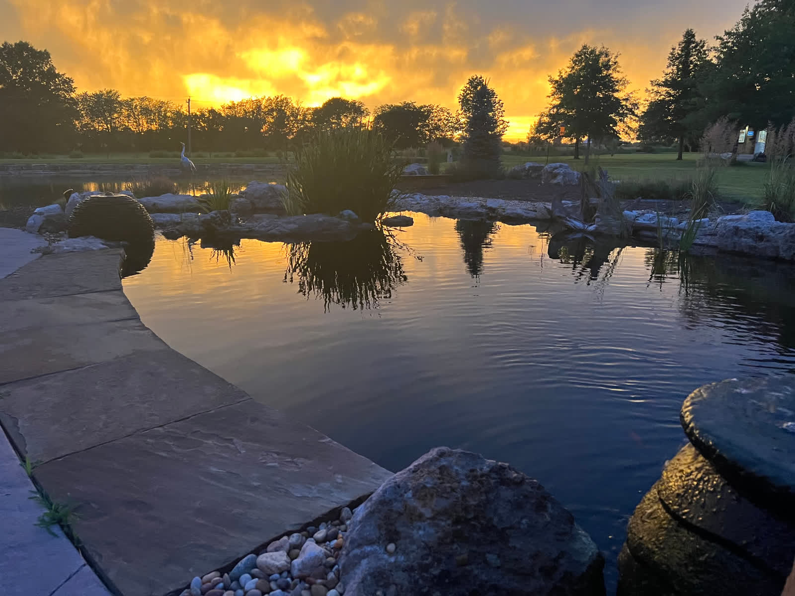 Swim pond at sunset with reflections